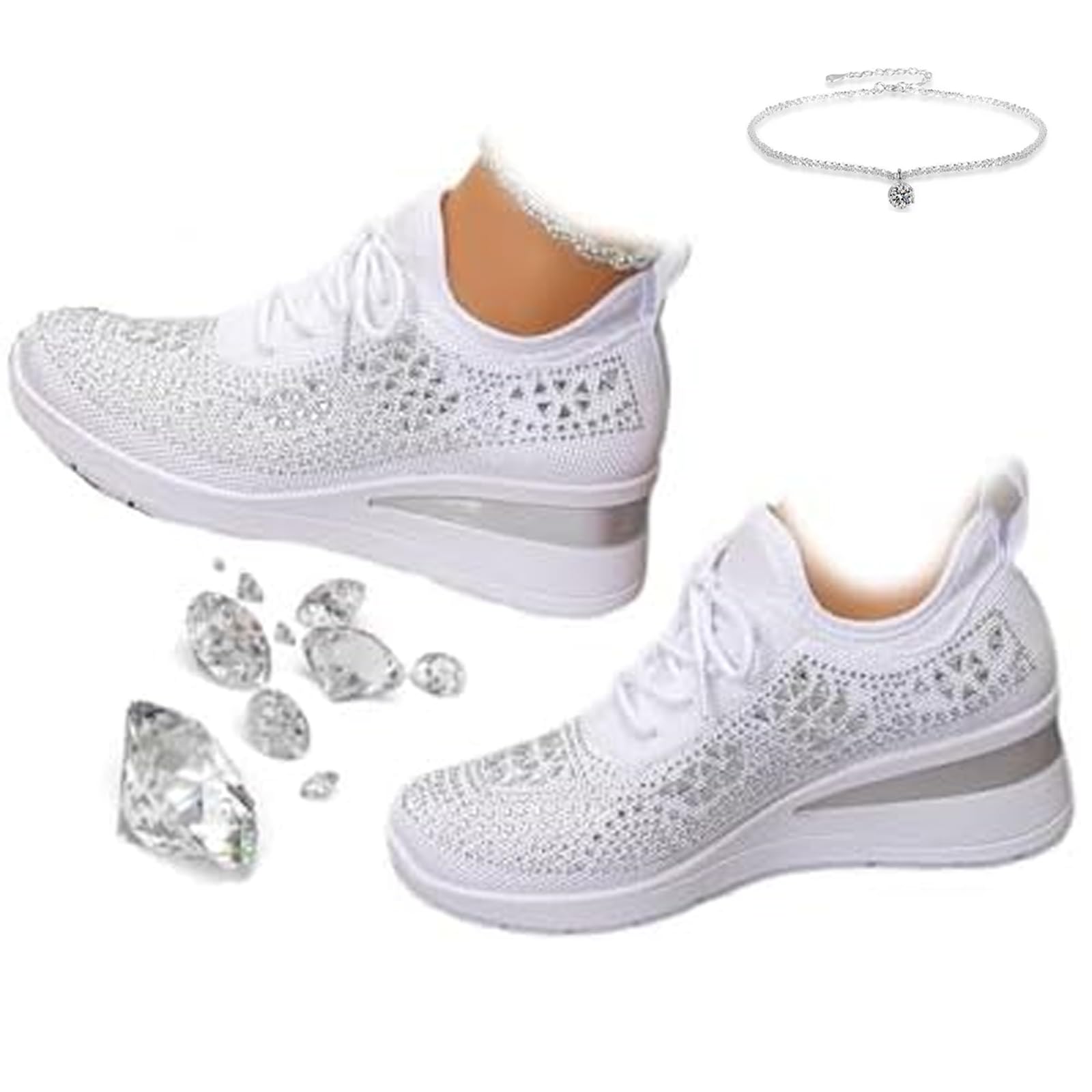 Tenis de cuña transpirables con diamantes de imitación brillantes para mujer, zapatos deportivos ortopédicos brillantes para boda, zapatos de tenis de punto