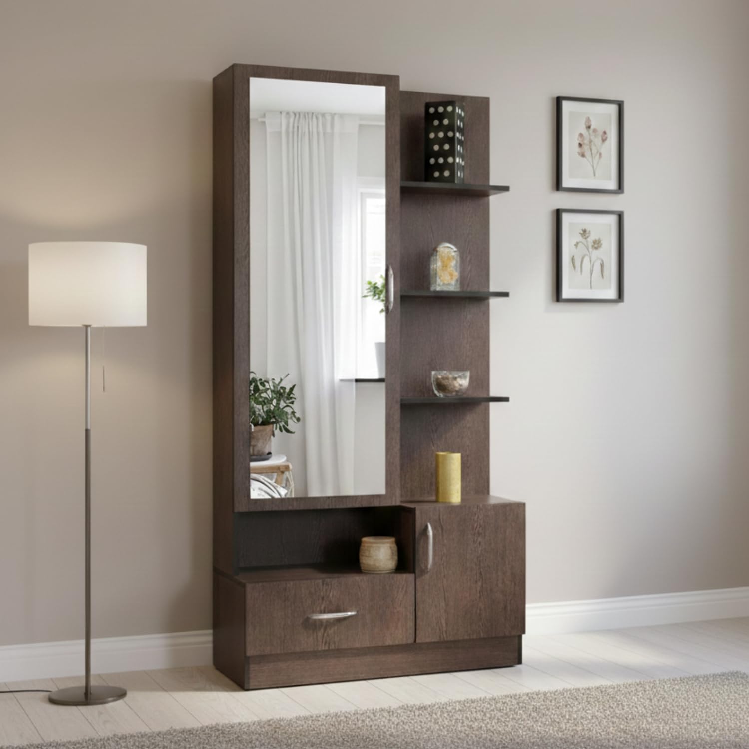 CASPIAN Engineered Wood Single Door Wooden Wardrobe Cum Vanity Dressing Table (Rainforest Brown) | Furniture with Mirror | Makeup & Accessories Storage Organizer with 4 Shelves, 1 Cabinet & 1 Drawer