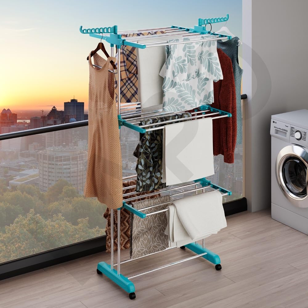 LAPO 4 Tier Laundry Drying Stand, Foldable Stainless Steel & PPCP Plastic Components Clothes Dryer Rack with 360° Wheels, Adjustable Side Wings, Space Saving Design for Balcony, Home & Laundry Room