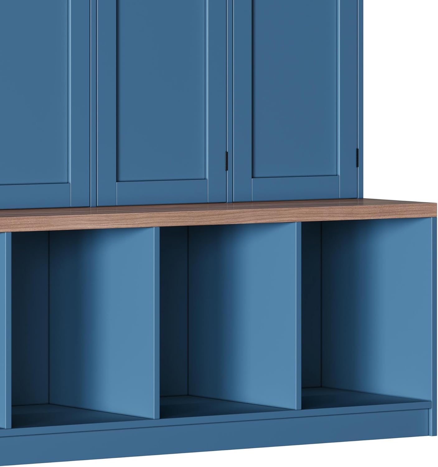 Farmhouse Hall Tree Bench with 8-Door Shoe Cabinet, Entryway Storage Bench with 4 Hooks & Open Compartments, Walnut Seating Benc h for Entryway, Mudroom, Living Room (Blue)