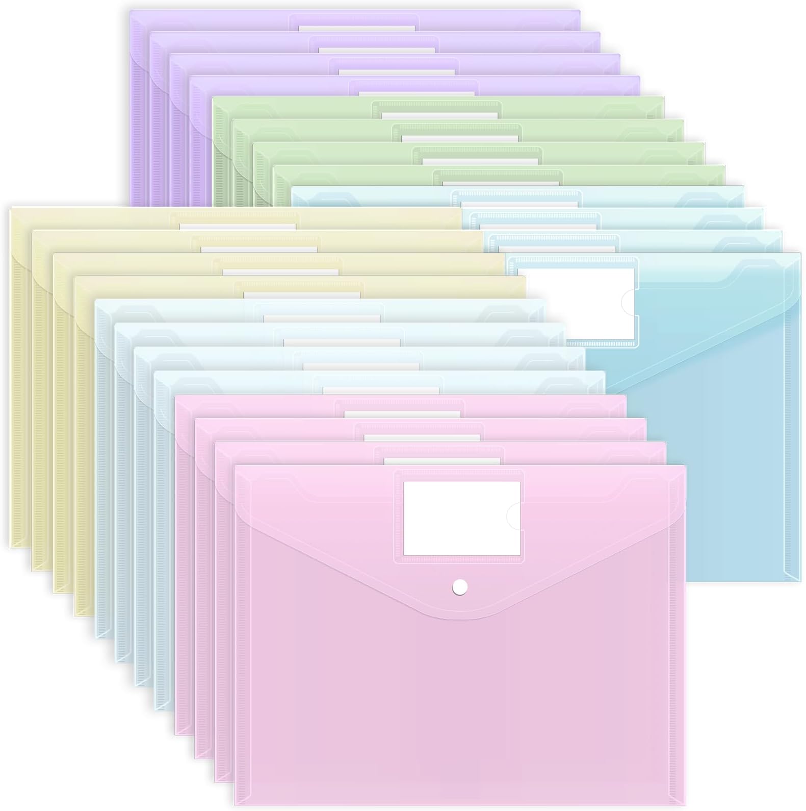 EOOUT 24 Pack Plastic Envelopes Plastic File Folders, Poly Folders with Snap Closure, A4 Size File Envelopes with Label Pocket for Documents School Office Supplies