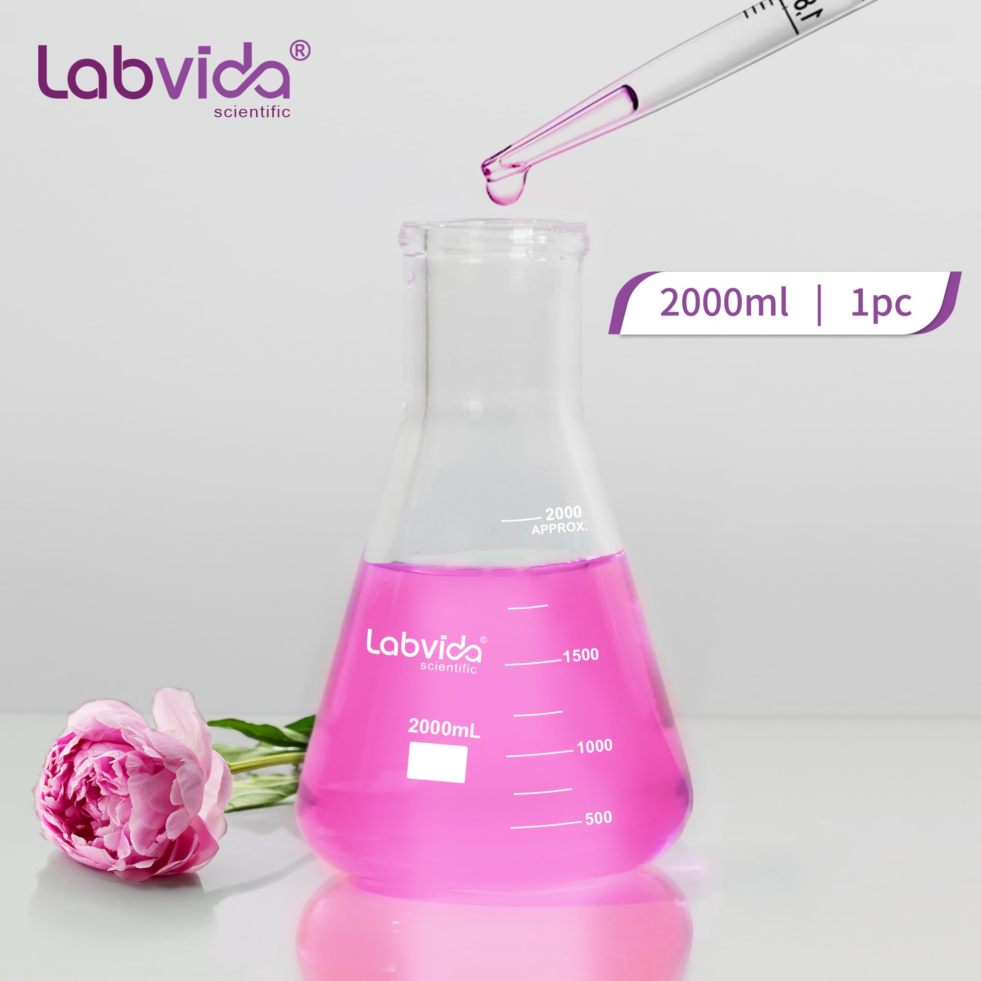Frascos Erlenmeyer de vidrio de boca estrecha, Vol.2000ml, 3.3 Borocilicato con graduación impresa, LVC010