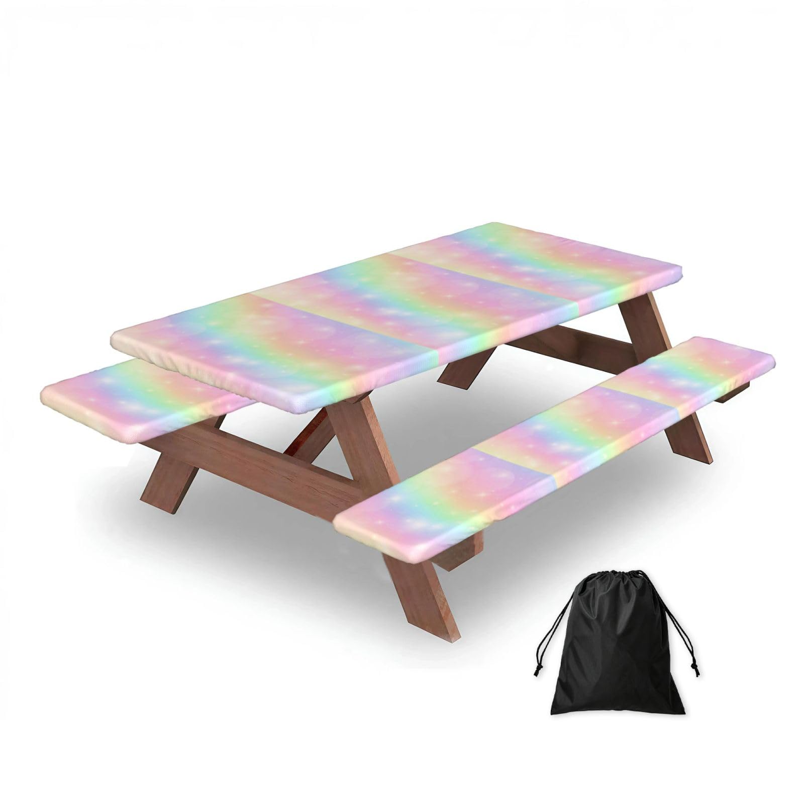 Dopklna As Picture Rainbow Color Pattern, Picnic Table Cover With Bench Covers -Waterproof Elastic Fitted Tablecloth For Garden Camping Patio 76X152cm
