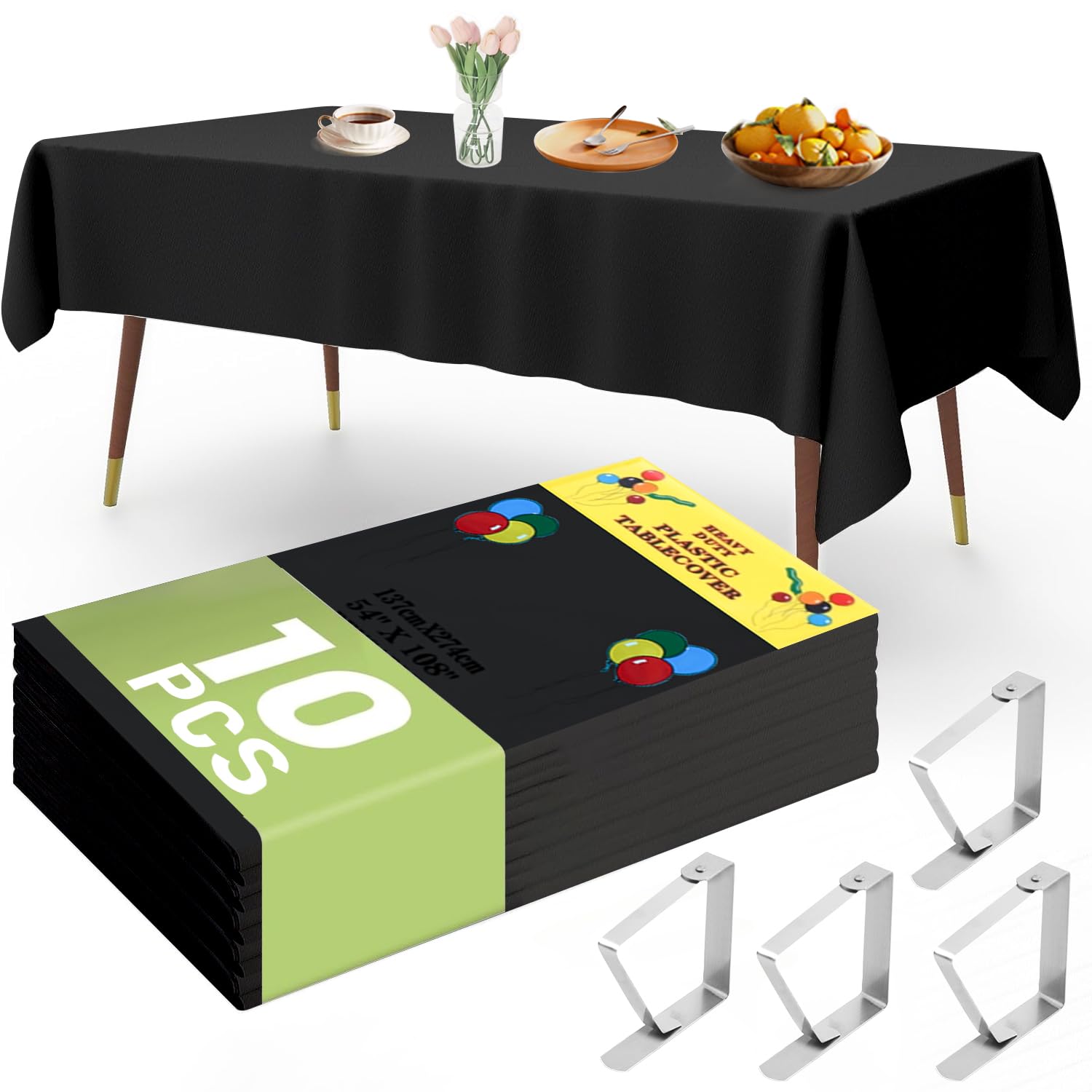 YSOOUA Einweg Tischdecke Tischtuch Rechteckig Tischdecken 10 STK Kunststoff Tischdecken Wasserdicht Geburtstag 137 x 274 cm Biertisch Tischdecke mit Tischklammern für Party Hochzeit Feste (Shwarz)