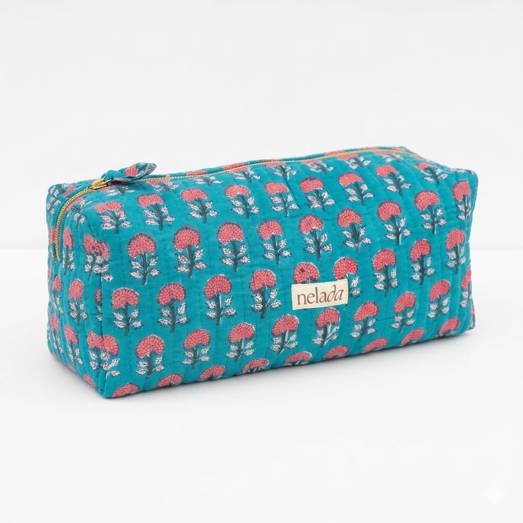 Hand Crafted Quilted Hair Multi-Styler Travel Bag, 4 Compartments,Hand Block Print Large Makeup Bag, Compatible bag to hold Airwrap, Dryer, Straightner and other Styling Tools (Teal Floral)