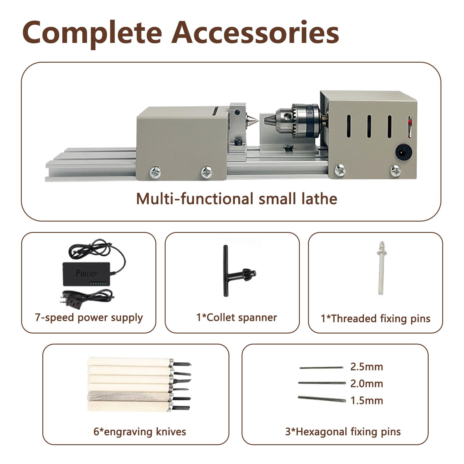 Mini torre de metal, 96 W, 4000-9000 rpm, 7 velocidades, rango de sujeción de 0,6 a 6 mm, torno de mesa para carpintería DIY