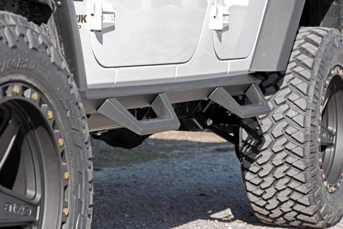Rough Country Contoured Drop Steps for Jeep Wrangler JK (2007-2018) 4-Door - Flush Fit Rails with Side Steps