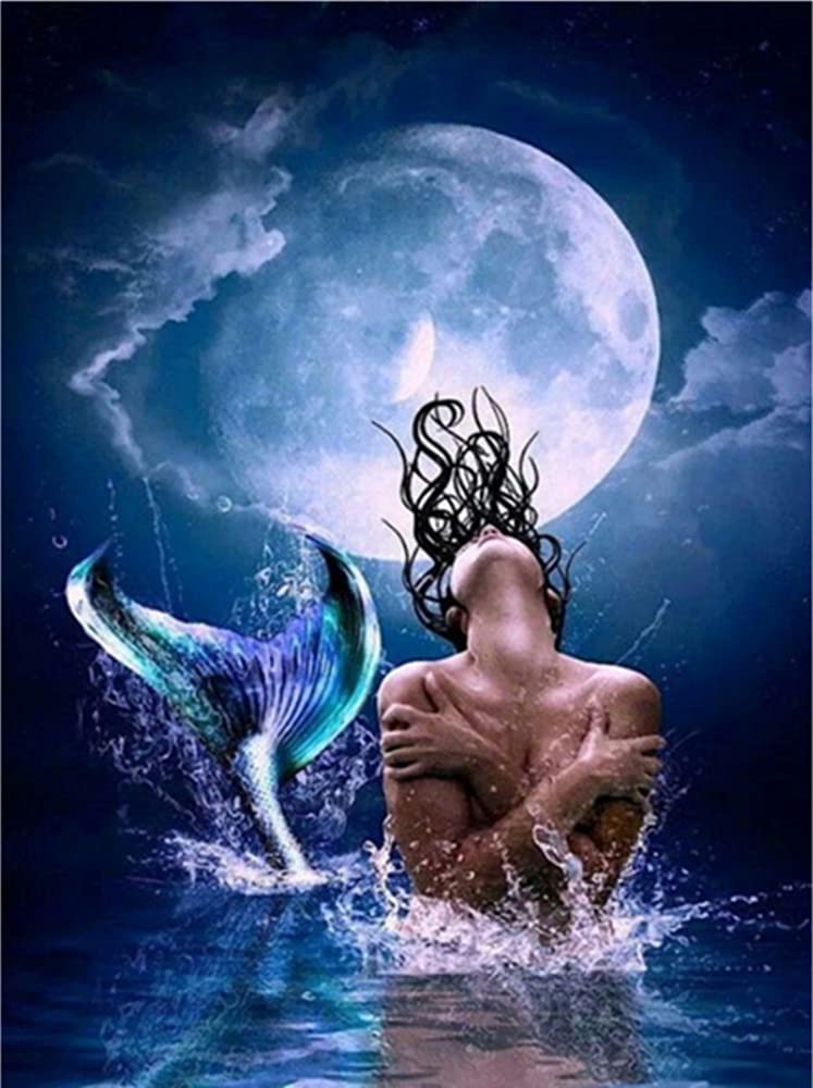 F-CANLAN Round Full Drill Diamond Painting Kit, 5D DIY Mermaid Moon Paint with Diamonds Mermaid Diamond Painting with Gem for Adult Starry Mermaid Rhinestone Diamond Art Room Decor (12X16 inches)