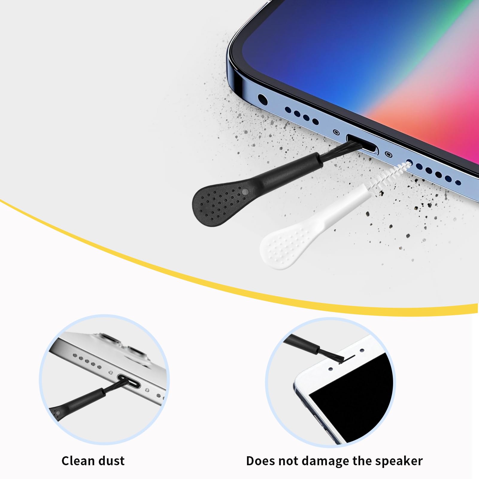 Paquete de 15 herramientas de limpieza de puerto de carga de teléfono, incluye 10 limpiadores antiobstrucción Whtie y 5 mini cepillos negros para iPhone 16 Pro Max, altavoz y receptor, AirPods