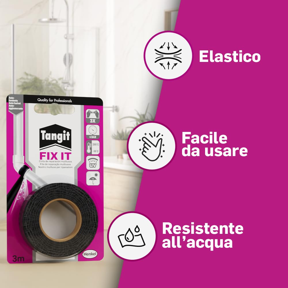 Tangit Fix It Nastro autoagglomerante per isolare perdite, Nastro isolante per riparazioni rapide, utilizzabile anche su superfici umide, 1 blister da 3 m