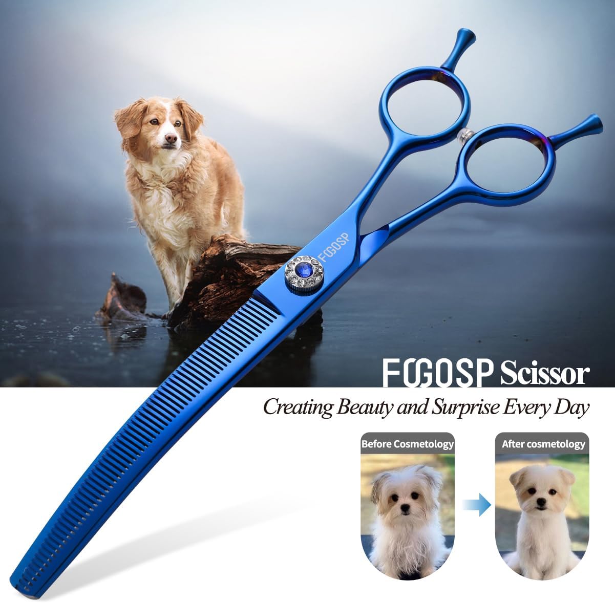 Professional Curved Thinning Shears Dog Grooming Scissors 7.25'' Blue Curved Blender Shears for Grooming Large Dogs Pet 66 Teeth Japan 440C(Curved Thinning)
