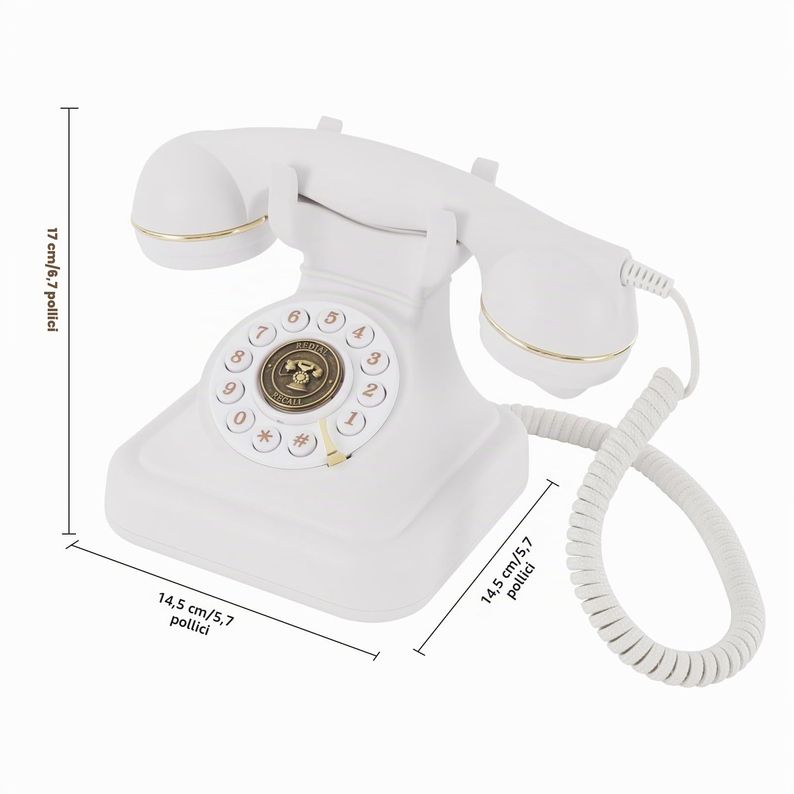 Telefono retrò fisso, telefono cordless regolabile, volume telefonico con selettore e suoneria, telefono antico, decorazione per la casa (bianco)