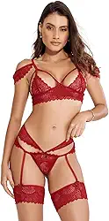 Conjunto Lingerie Sensual Rendado Cinta Liga Sem Bojo Renda