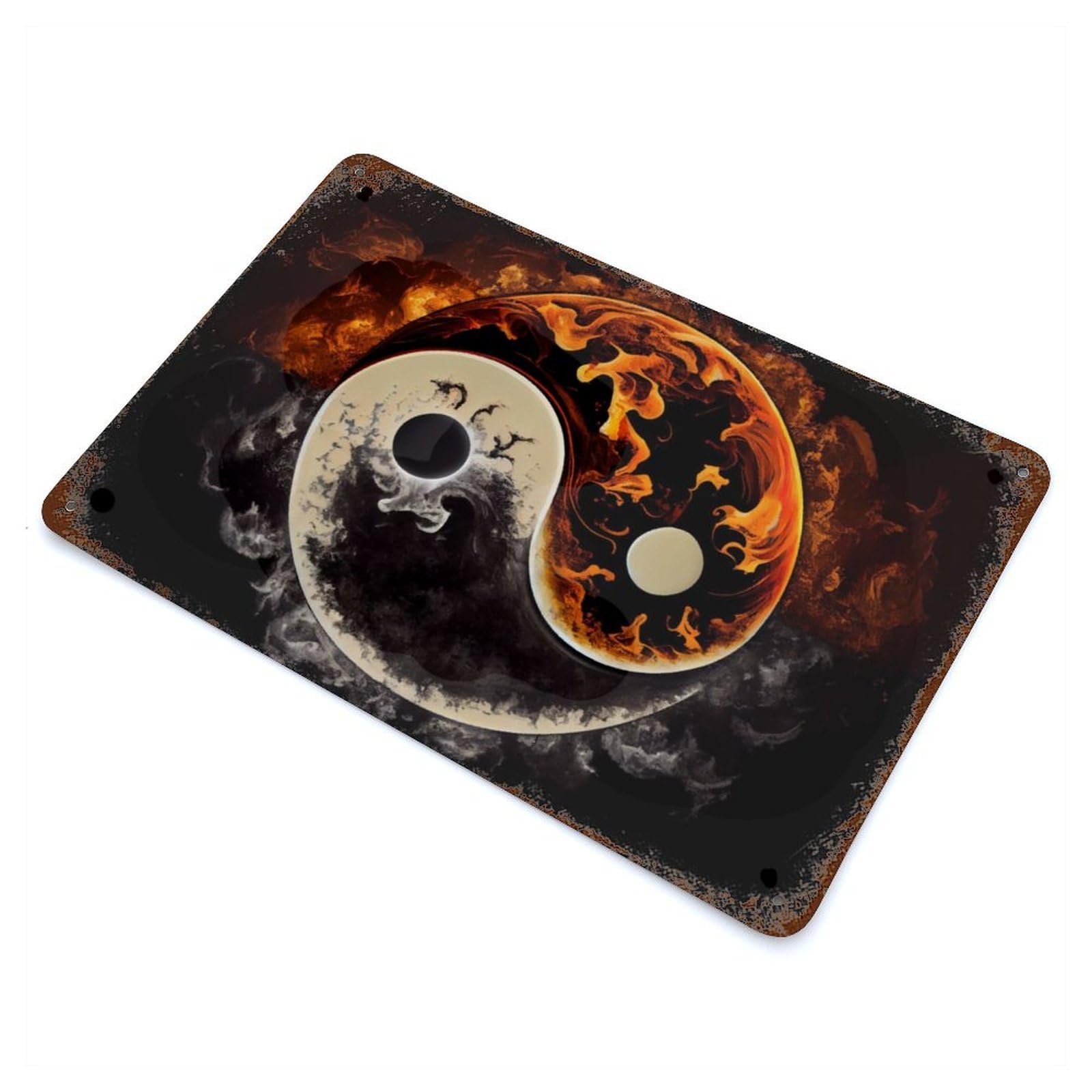 Vintage Rust Metal Sign with Shadow Flame Yin And Yang Design 11.8"x7.9", for Patio, Garden Room And Bar Decor, Old School Wall Decor