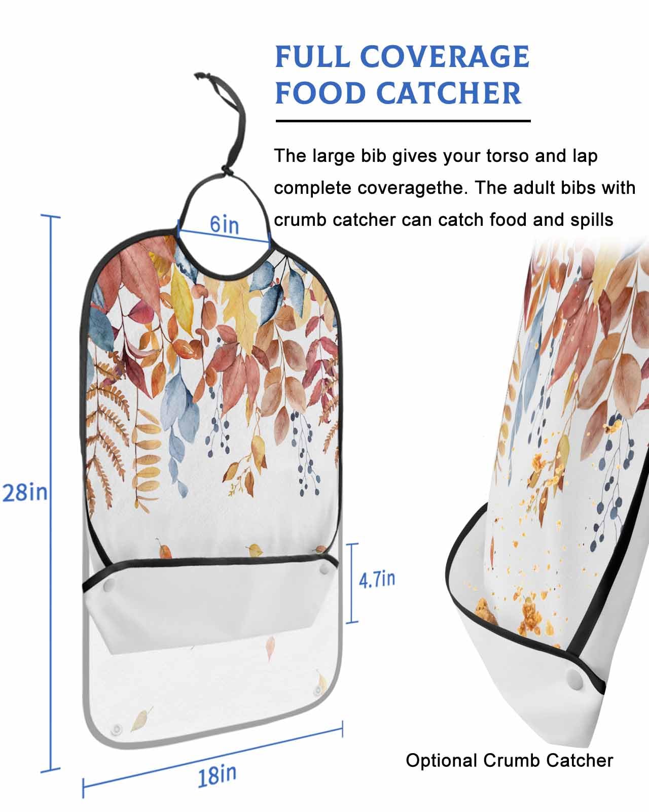 LEOKOTI Orange Blue Fall Adult Bibs for Eating, Waterproof Bibs with Food Catcher & Adjustable Snap Closure, Autumn Maple Leaf Thanksgiving Washable Clothing Protectors Adult Bibs for Elderly