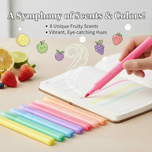 Miniatura 4 de Juego de 8 resaltadores perfumados con aroma a fruta, marcadores de punta de cincel pastel para diario, toma de notas, suministros escolares y de