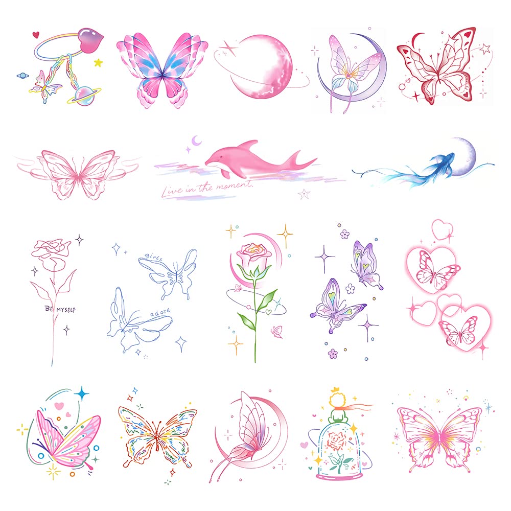 DIVAWOO21 Sheets Realistic Temporary Tattoos, Colourful Pink Butterflies Flowers Temporary Tattoos Stickers for Festival Women Body