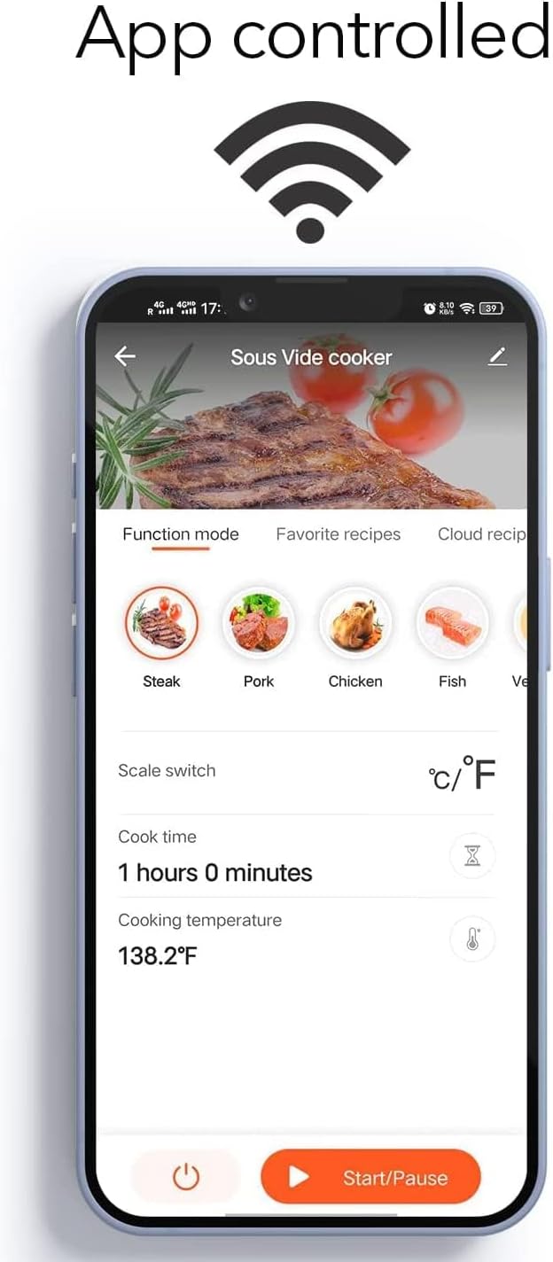 Close-up of the smartphone app interface for the Dartwood Sous Vide Cooker, showing various function modes like Steak, Pork, Chicken, Fish, and Vegetable, along with temperature and time settings, labeled 'App controlled'.