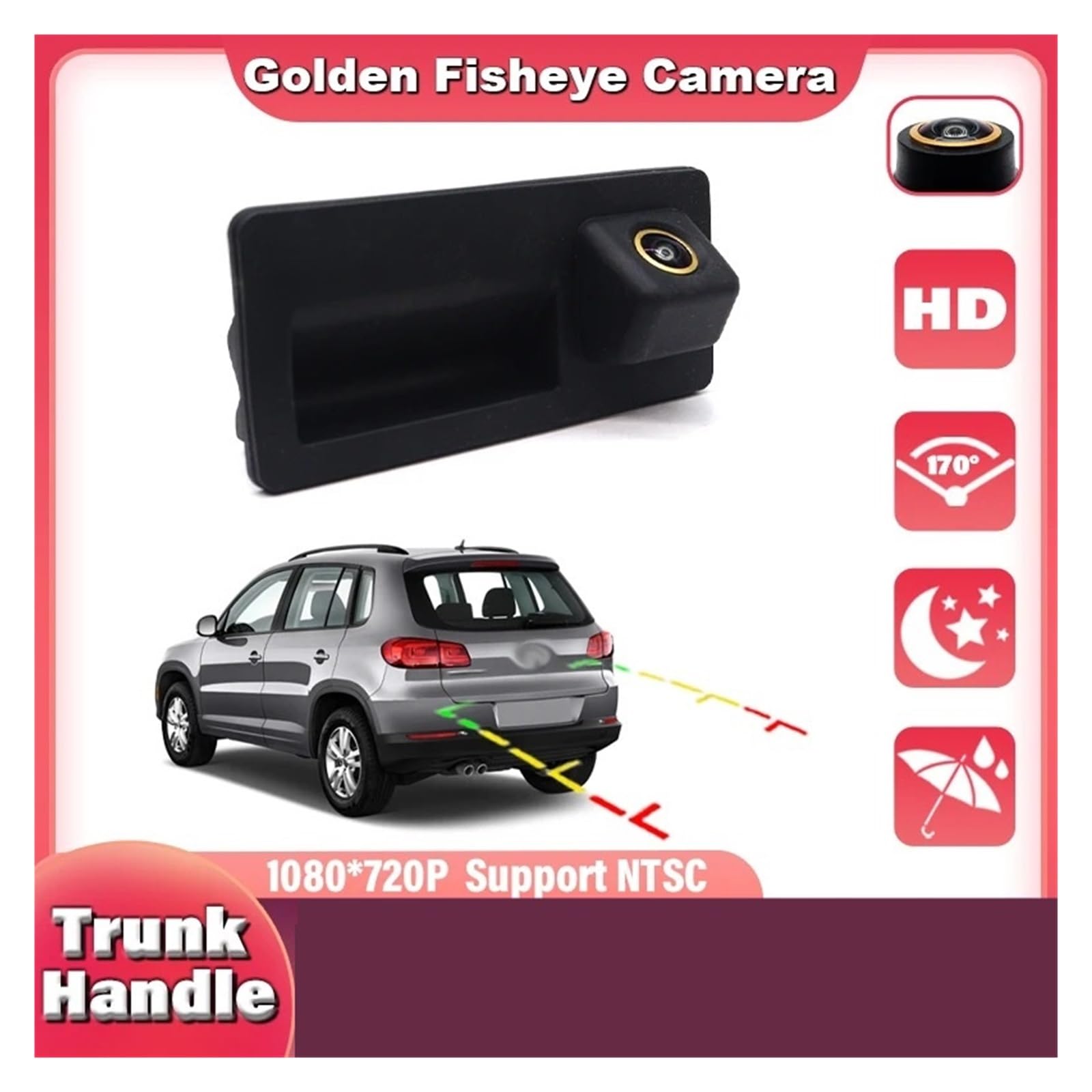 Zamiennik kamery cofania do VW Tiguan I 5N B7 2007-2017 HD uchwyt bagażnika samochodu kamera cofania CCD noktowizor kamera cofania (złoty prostownik CAM) (Golden CAM WIFI)