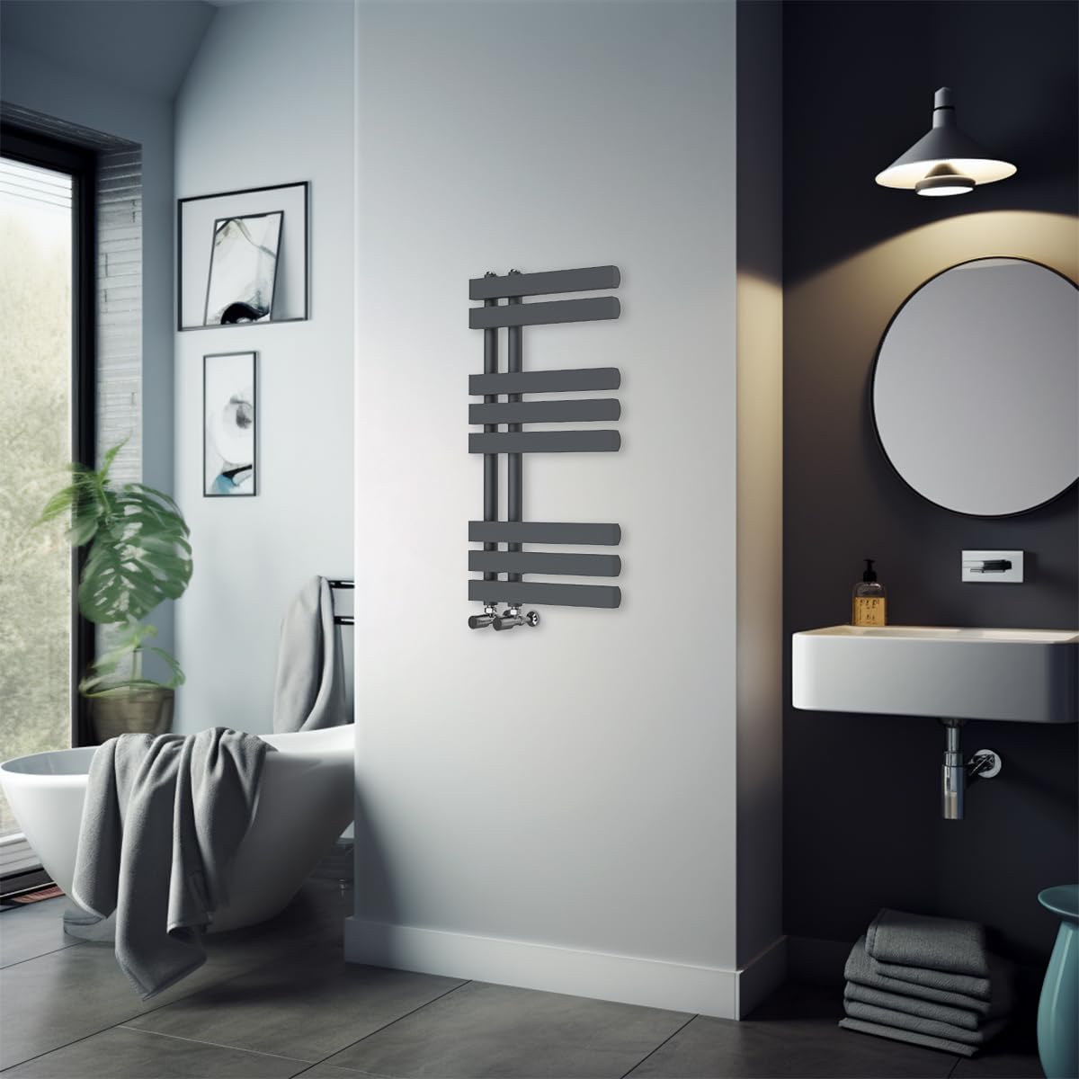 Warmehaus 800 x 450mm Sand Grey Flat Designer Heated Towel Rail Radiator - Best for any Bathroom & Kitchen - D Shape Bars