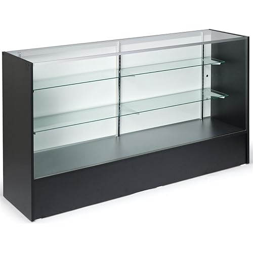 6-feet-Wide Free-Standing Glass Display Case with Height-Adjustable Shelves and Sliding Door - Anodized Aluminum Extrusions with Black Melamine Panels