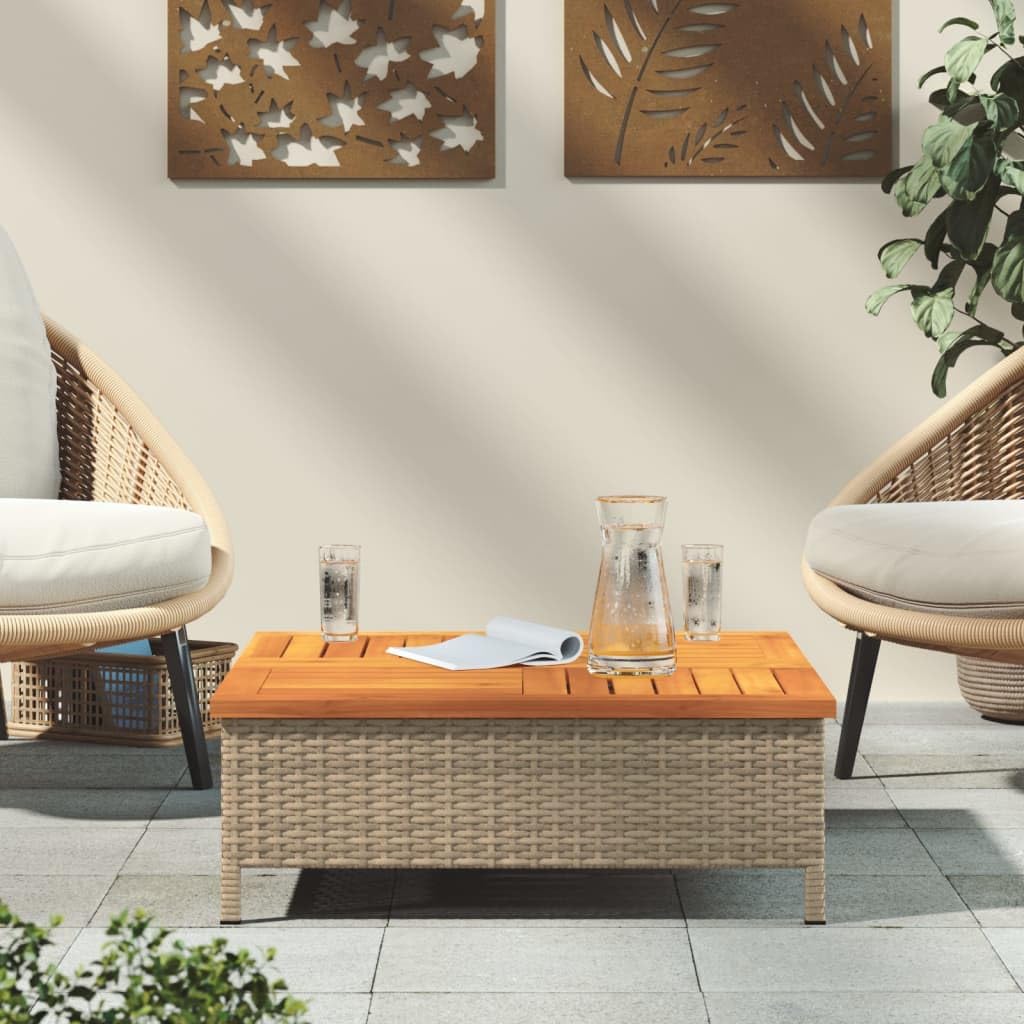 Stół ogrodowy, beżowy, 70 x 70 x 25 cm, z otworem na parasol przeciwsłoneczny z rattanu PE i drewna akacjowego, stabilna rama stalowa na taras i do ogrodu