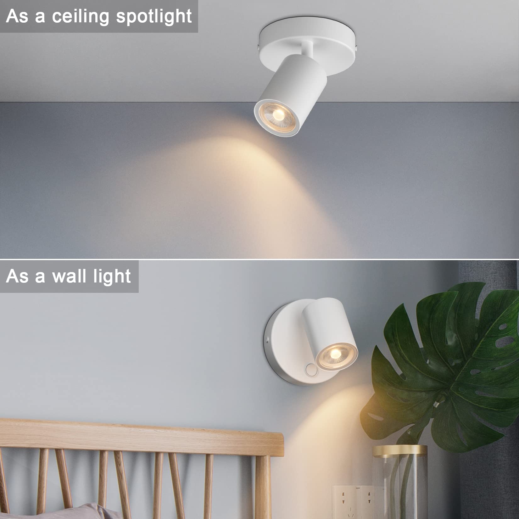 Klighten 2 Pezzi Applique da parete Interno Bianco, GU10 Lampada da Parete, 350°Orientabile Faretto da Parete Alluminio Con interruttore, per Camera Scale Soggiorno, Senza Lampadina