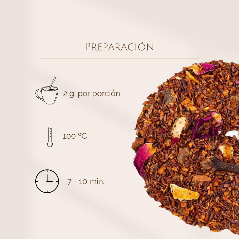 Rooibos de Canela y Naranja a Granel 100 Gramos - My Tea Moments - Cultivo Sostenible - Ingredientes Naturales: Almendra, Canela, Clavo, Manzana, Naranja, Rosa. Antioxidante, Refrescante.
