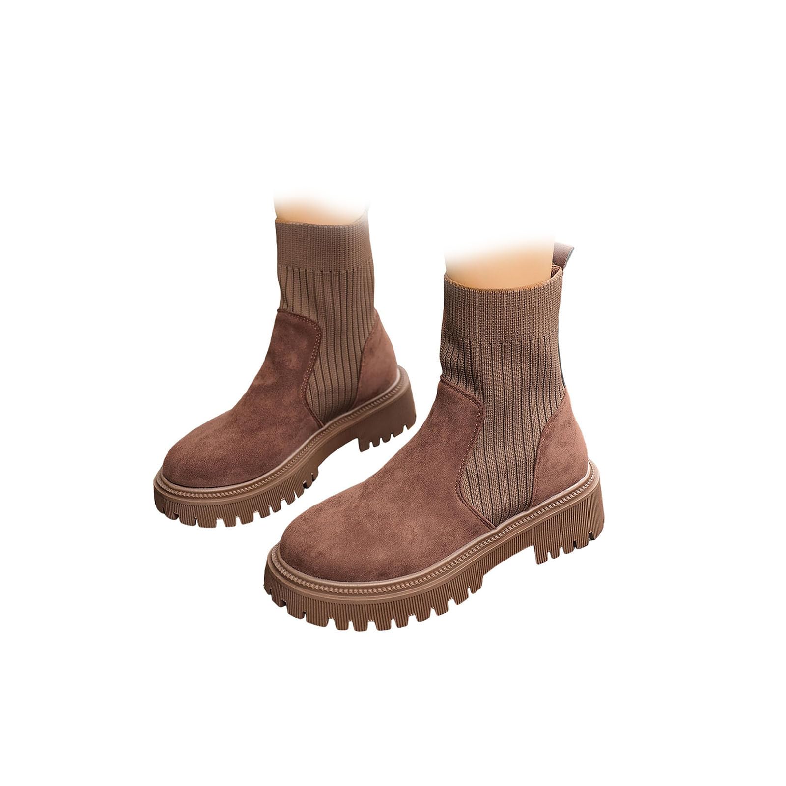 Women Platform Elastic Ankle Booties - Style Suede Chunky Boots with Low Heel Round Toe Comfy Slip on