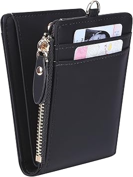 Womens Rfid Blocking Lanyard ID Credit Card Holder Compact Leather Bifold Wallet With Zipper Pocket, black