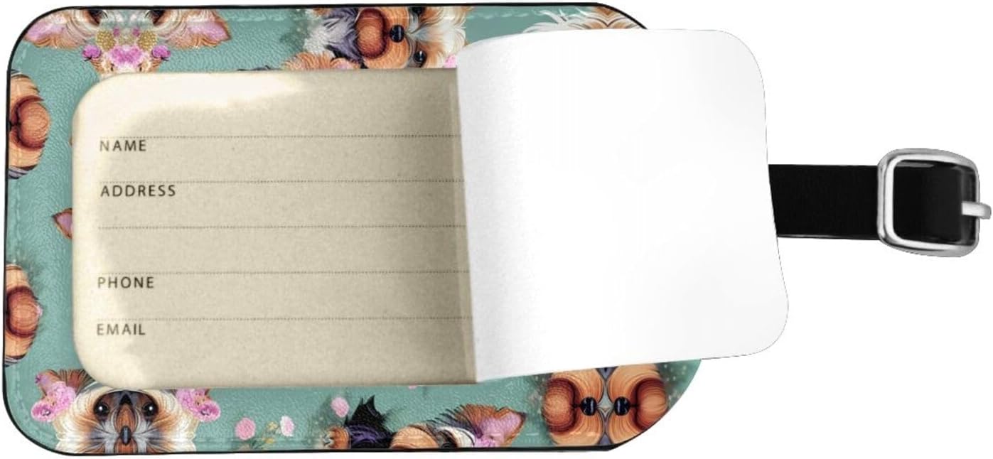 Yorkie Floral Print Luggage Tags, Leather Name Id Labels with Privacy Cover for Travel Bag Suitcase ﻿ image 3