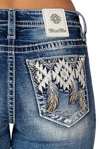 Miss Me Women's Mid-Rise Southwestern Feathers Embellished Pockets Slim Boot Jeans4