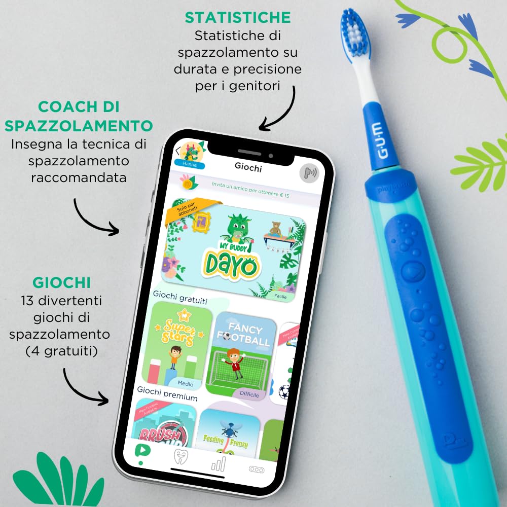 GUM Playbrush JUNIOR 6+ spazzolino elettrico | app di gioco interattiva | 2 modalità di spazzolamento | setole extra morbide | batteria a 8 settimane | 1x spazzolino sonico | 2 testine extra | Blu