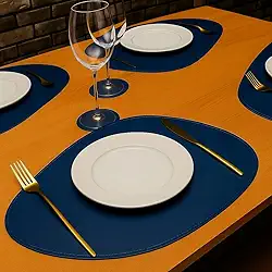 Jogo Americano Sousplat Dupla Face Premium Luxo em Couro Anti Derrapante Impermeável 4 peças OVAL (AZUL)