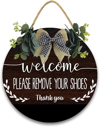 Lefangovs - Letrero de madera vintage de 11 x 11 pulgadas con texto en inglés Welcome Please Remove Your Shoes Sign puerta delantera entrada porche