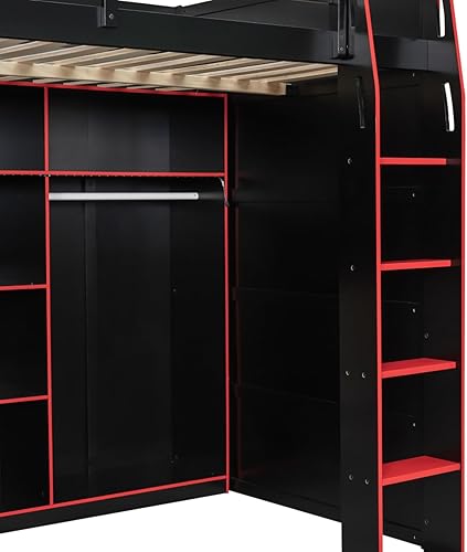 Miniatura 35 de Cama loft de madera para juegos de tamaño matrimonial con escritorio para computadora y luces RGB, cama para juegos, armario abierto integrado y