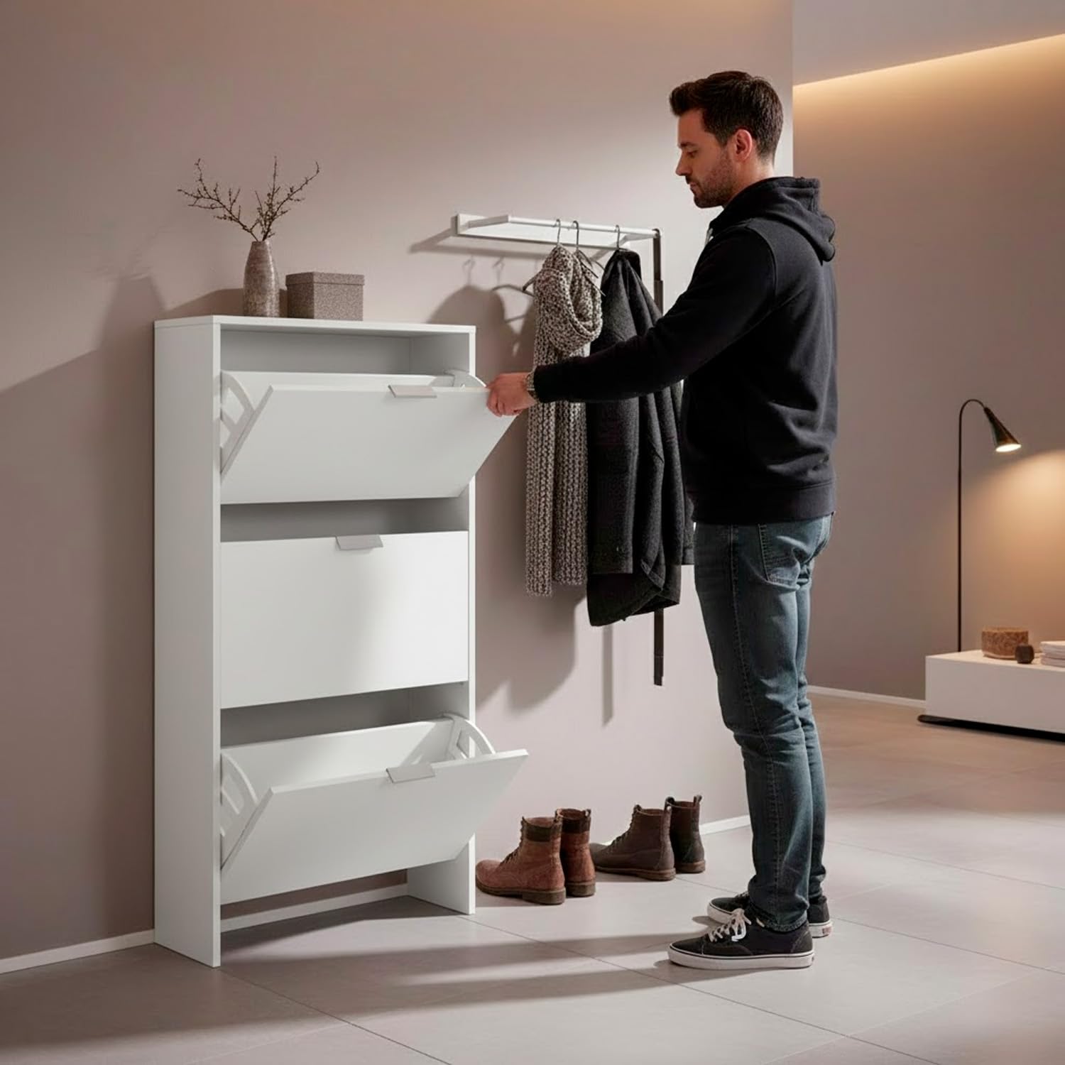 Bricozone Scarpiera A Ribalta Salvaspazio Con 3 Ante Mobile Portascarpe In Melaminico Finitura Bianca Antigraffio Fino A 20 Paia 113x60x22 Cm (Bianco)