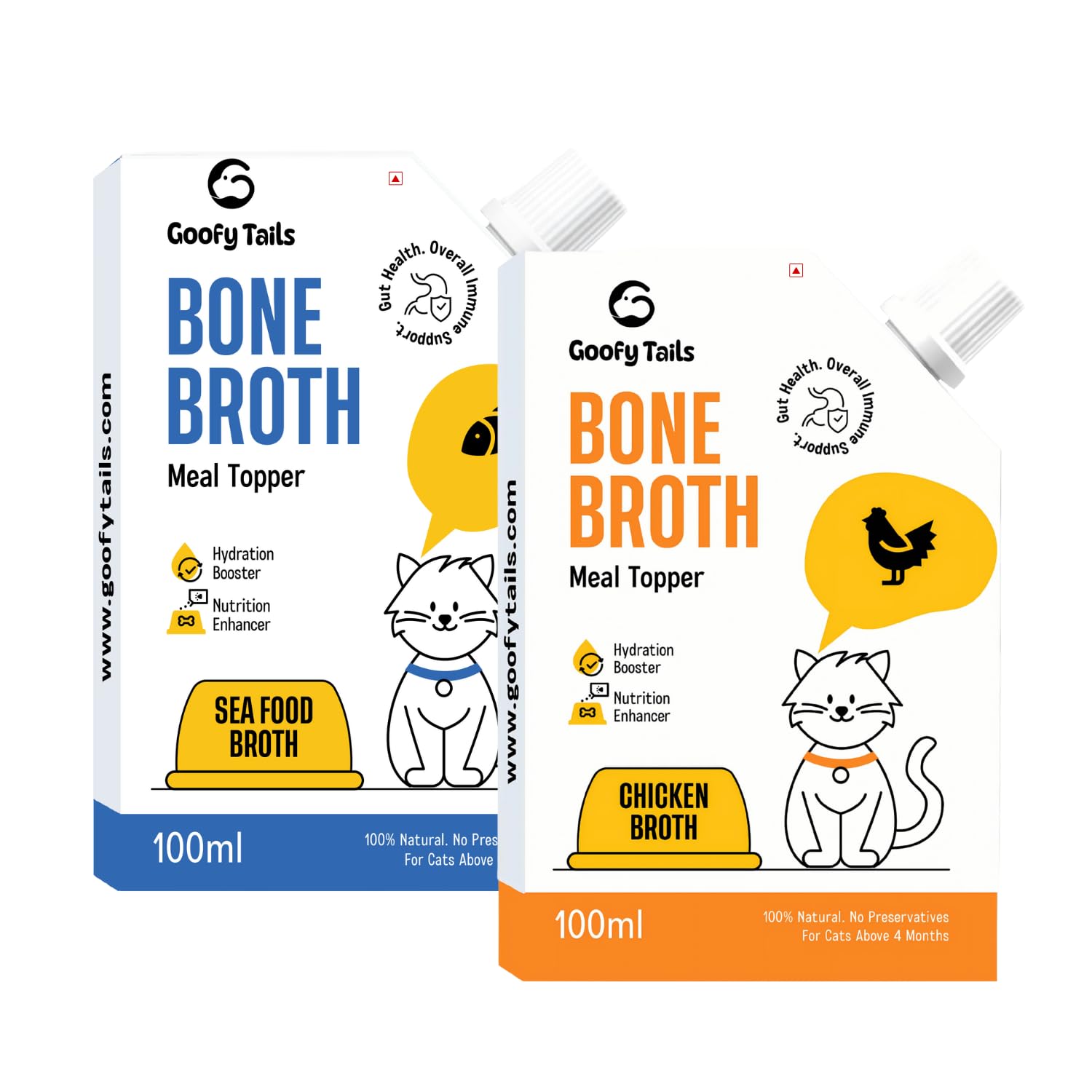 Bone Broth for Cats Variety Combo 200 ml (100 ml X 2 Pack), Chicken, Sea Food, Human Grade, Preservative Free, Gut Friendly Cat Food Topper, Cat Supplements with Natural Collagen