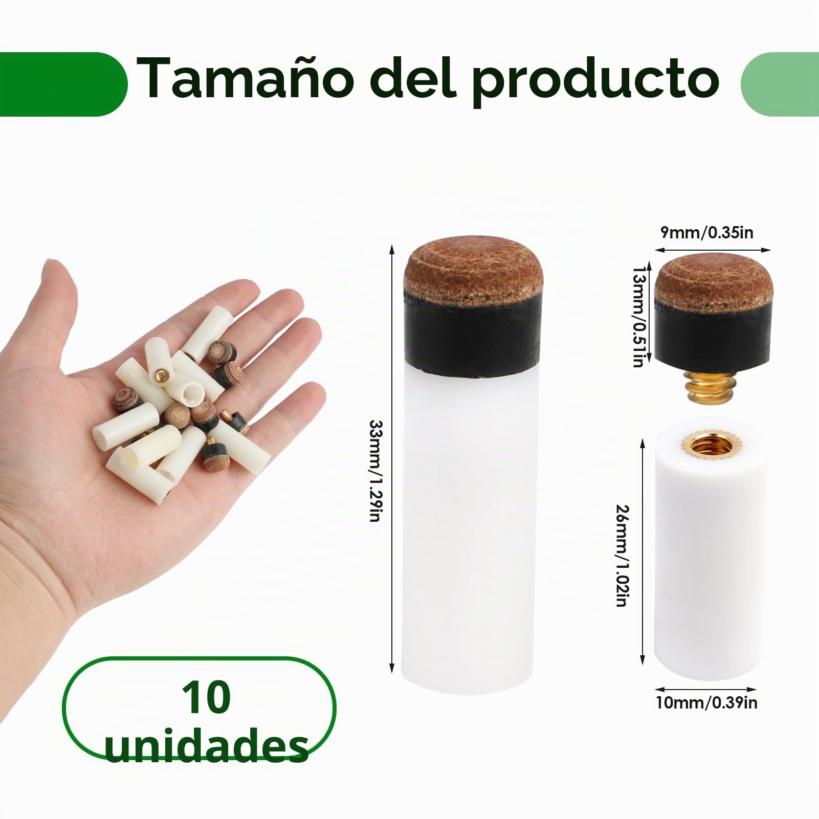 Puntas de Taco de Billar 10mm Repuesto Virolas Blancas Accesorios 10 Piezas