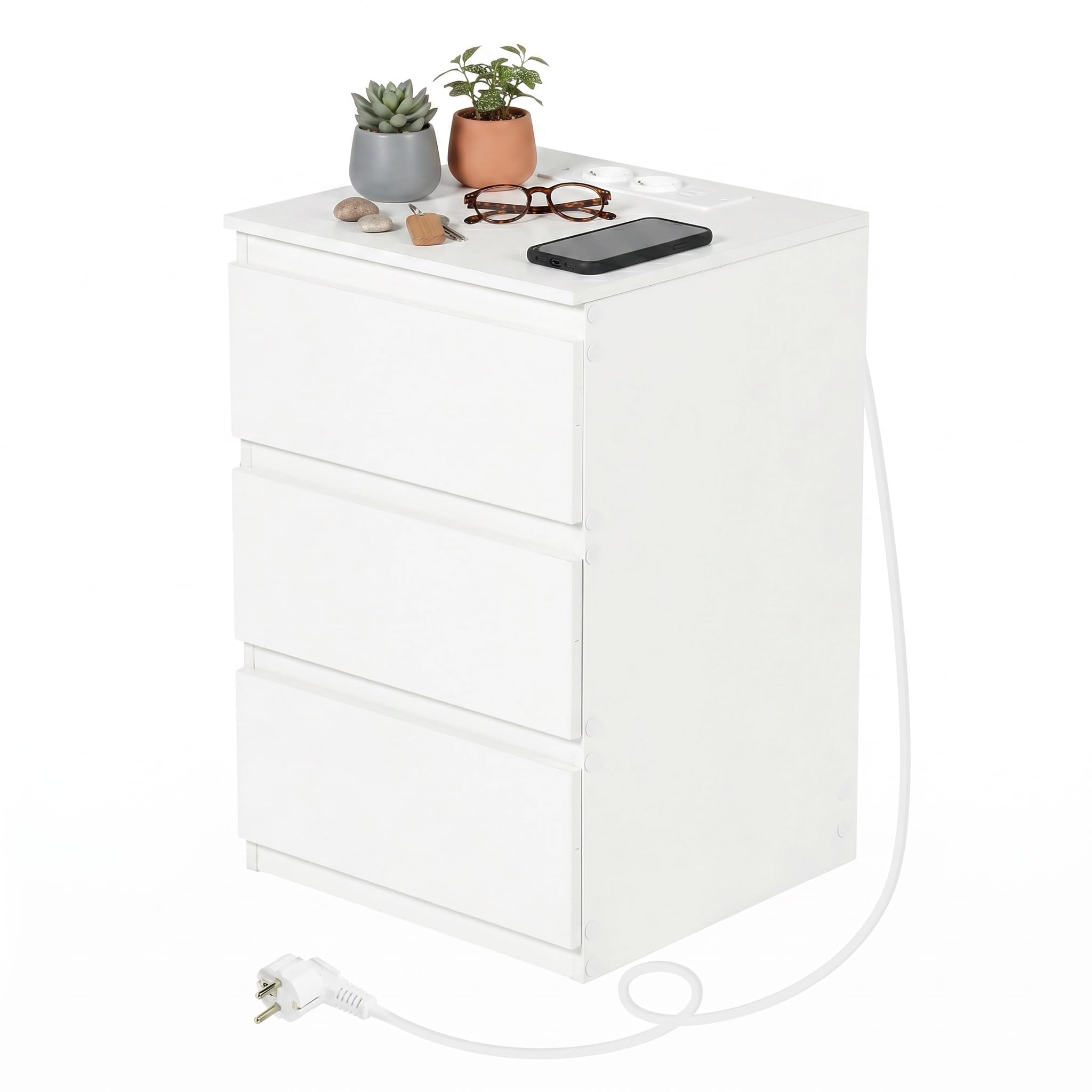 Cómoda blanca moderna de 40x35x60 cm con enchufes integrados para pasillo y oficina