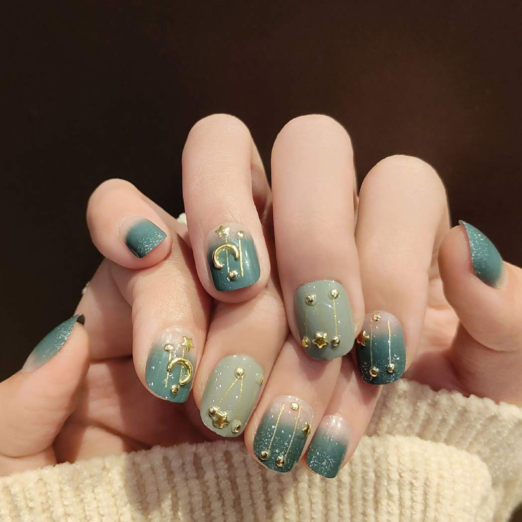 Sethexy 24Pcs Glossy Squoval False Nails Chic Moon Star Gradient Short Full Cover Acrylic Fake Nail Tips for Women and Girls