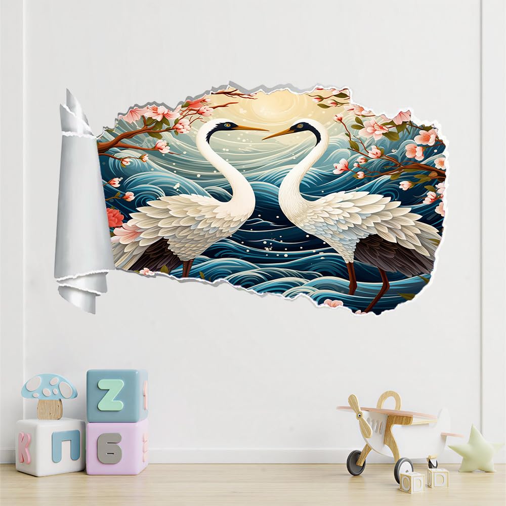 3D Durchbruch Wandtattoo Mädchen Kinderzimmer Kran Wandaufkleber Dekorative Blaue Wellen Wandsticker für Junge Teenager Zimmer Wohnzimmer Schlafzimmer Wandbilder Deko