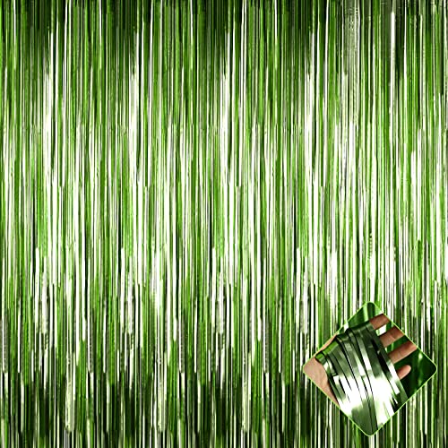 Image of 4 Pack 3.2Ft x 8.2Ft Light Green Foil Fringe Curtain Backdrop, Metallic Tinsel Foil Fringe Streamers Curtains Background for Photo Booth, Birthday, Wedding, St Patrick Day Party Decoration
