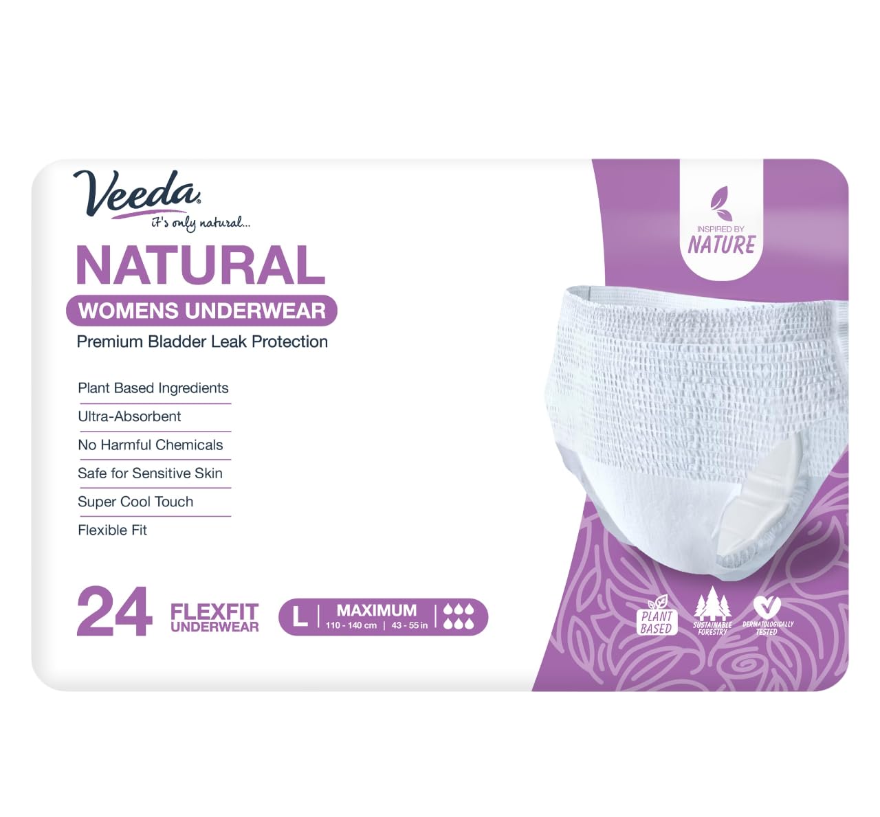 Veeda Natural Adult Incontinence Underwear for Women - Postpartum Underwear for Bladder Leakage Protection - Disposable Underwear with Maximum