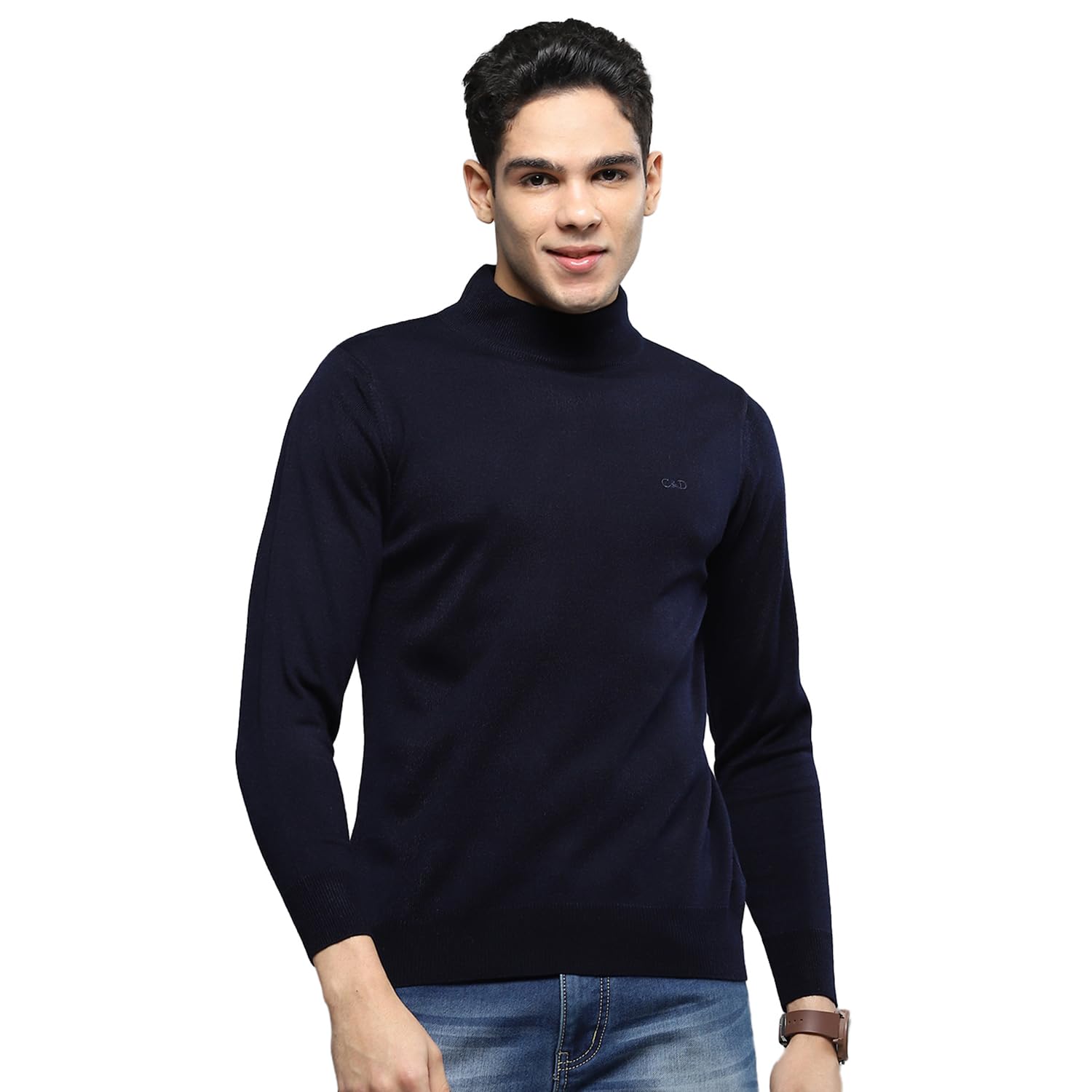 cloak & decker Solid Navy Blue High Neck Full Sleeves Pullover for Men-picture-34