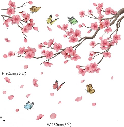 Miniatura 4 de Runtoo Calcomanías artísticas de pared con diseño de flor de cerezo, diseño de mariposa, rama de árbol, flores, calcomanías de pared para sala de