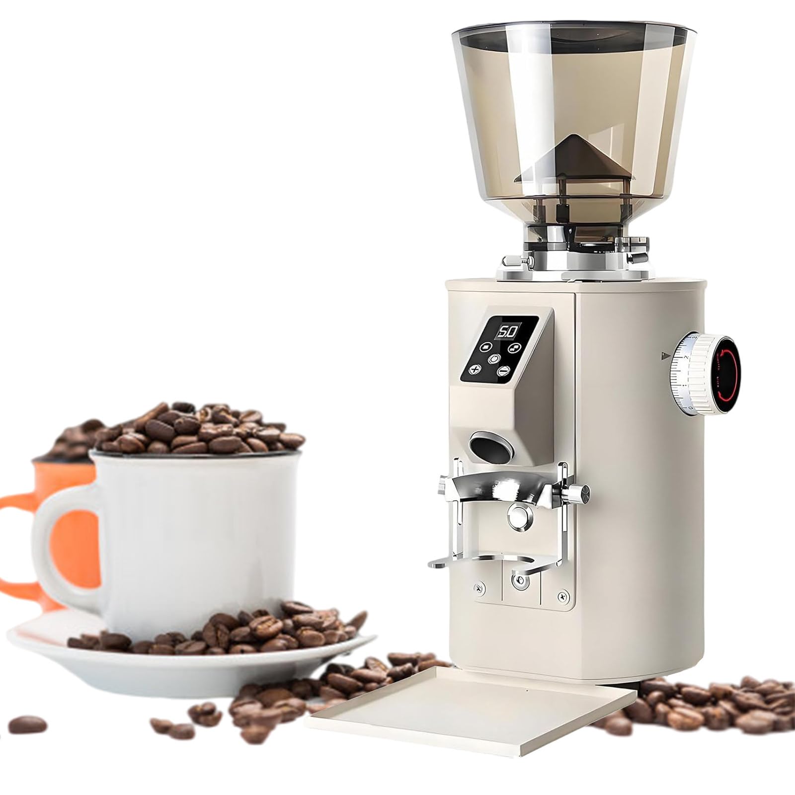 Elektryczny Komercyjny Młynek do Kawy, Elektryczny Płytkowy Młynek do Kawy z Ustawieniami Ekranu Dotykowego, Ekspres do Espresso z Dużym Zasobnikiem 1Lb/453g Beige