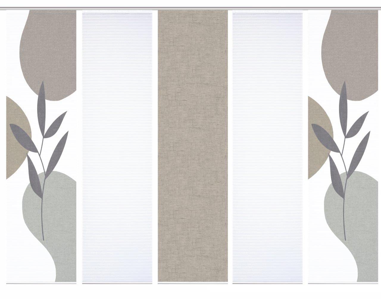 84074 FRONDA Schiebegardine, recyceltem Polyester 245x60 cm, Farbe:Stein, Größe:245 x 60 cm, Anzahl:5er Set (2X Bedruckt. 2X Uni. 1x Uni)