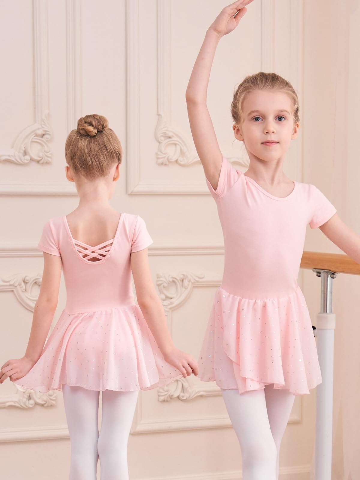 Ragazza Vestito da Balletto Balletto Leotard Vestito Danza Tutu Body Ginnastica Cotone Manica Corta con Chiffon Gonna per Ragazze