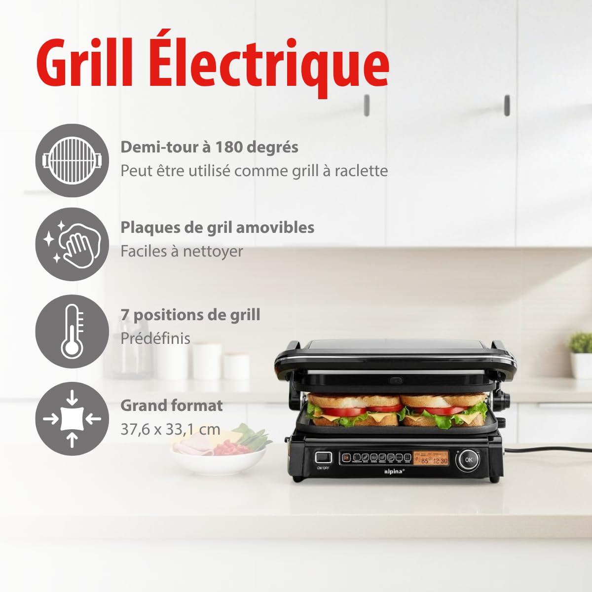 ALPINA - Grill électrique Multi fonction Panini Viande 2100W Minuterie 8 réglages Cuisson intelligente Plaque Anti-adhésive
